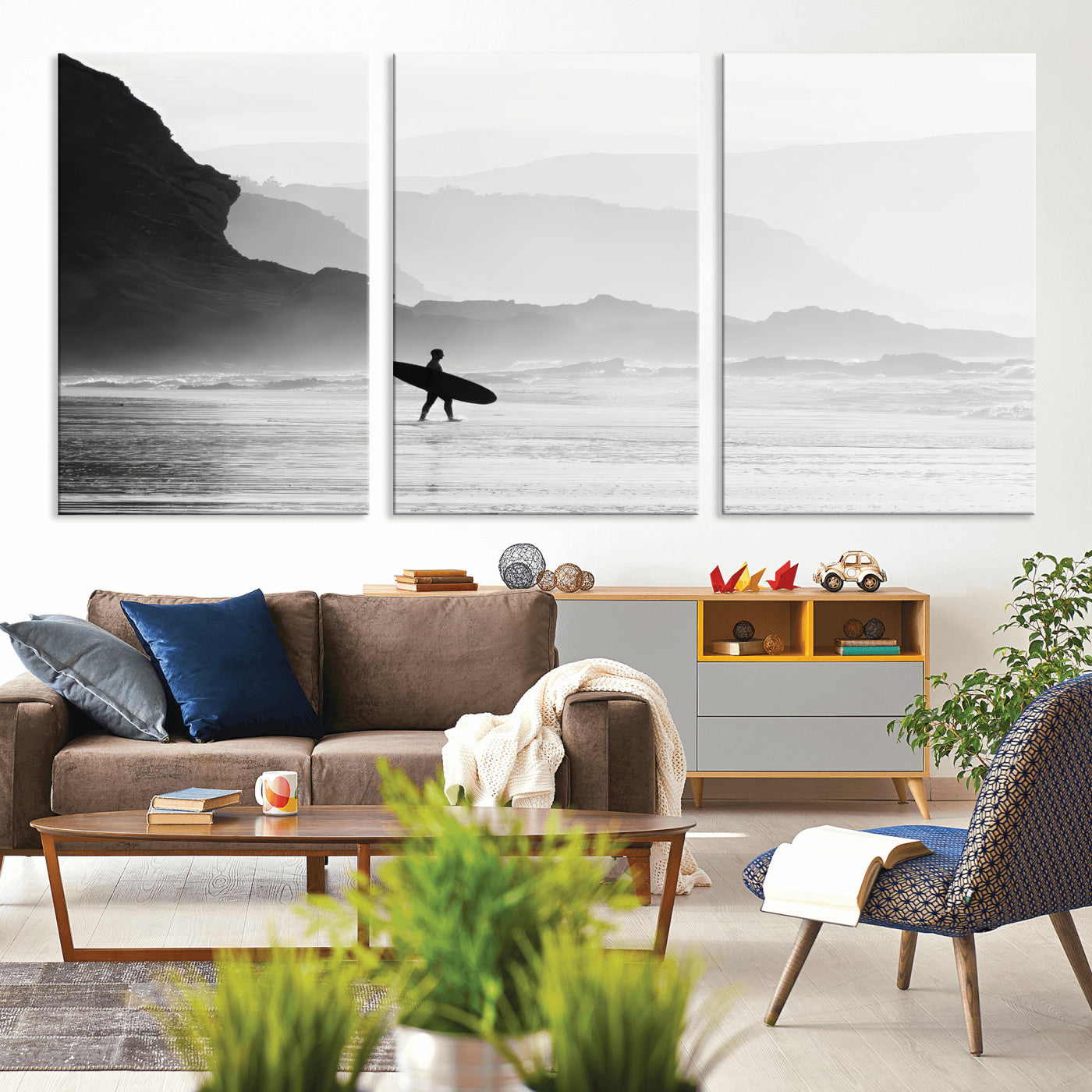 MGV-CV-60X30-3P - Surfer In Fog Wall Art Canvas Print, Framed Moody Shoreline Art Picture Print, Cliffside Waves Perfect Minimalist Coastal Decor Artwork