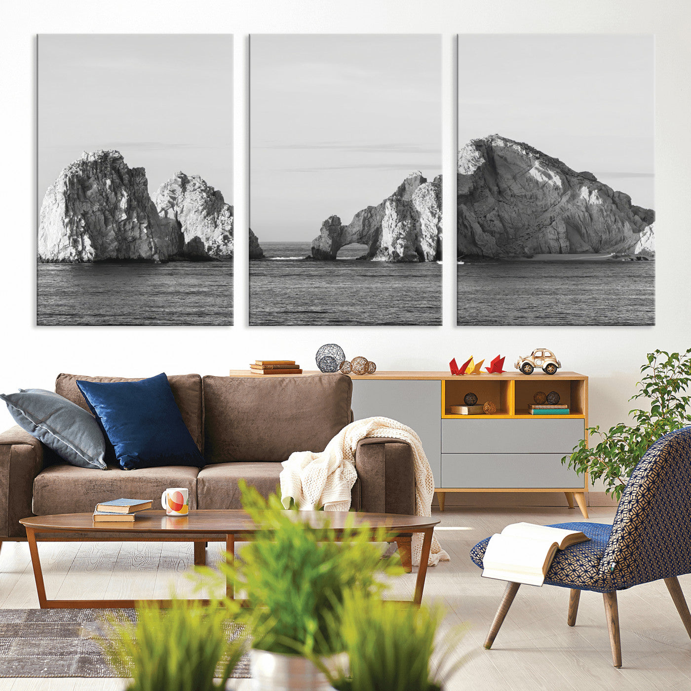 MGV-CV-60X30-3P - Rugged Coastline Wall Art Canvas Print, Framed Ocean Cliffs Art Picture Print, Monochrome Seascape Perfect Coastal Minimalist Decor Artwork