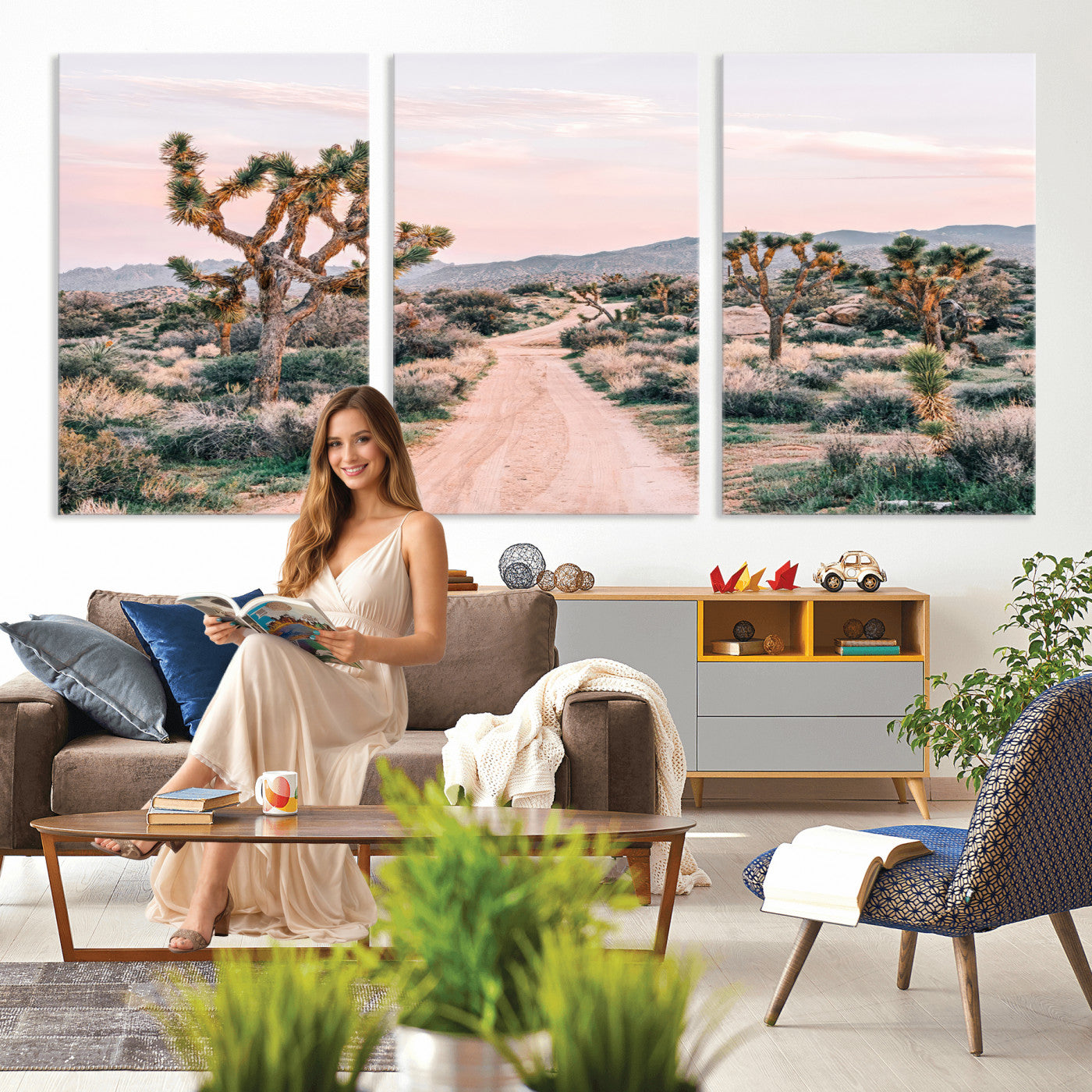 12540952-MGV-CV-36X24 - Desert Trail Wall Art – Canvas Print of Joshua Trees & Sunset Glow, Sandy Path Wilderness, Scenic Nature Escape Decor for Living Room, Office or Bedroom