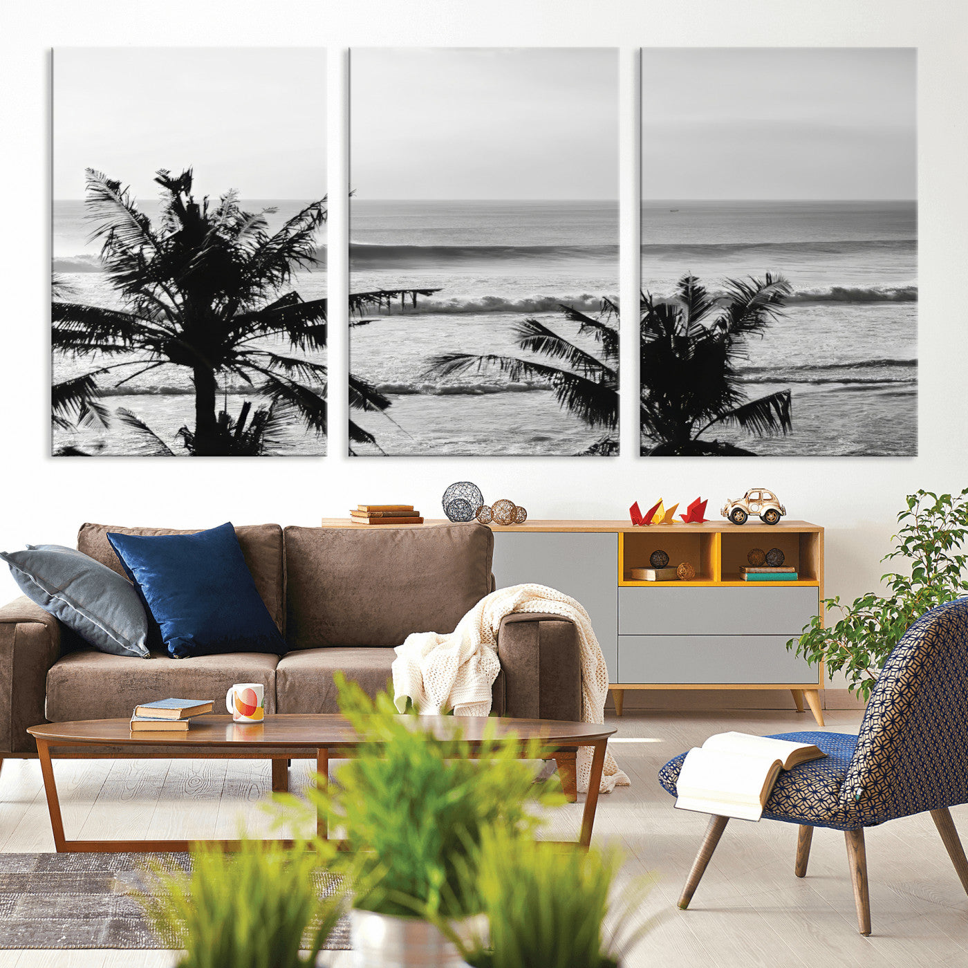 17508038-MGV-CV-36X24-Tropical Coastline Wall Art Canvas Print – Framed Palm Trees Scene with Ocean Waves Artwork for Home, Office