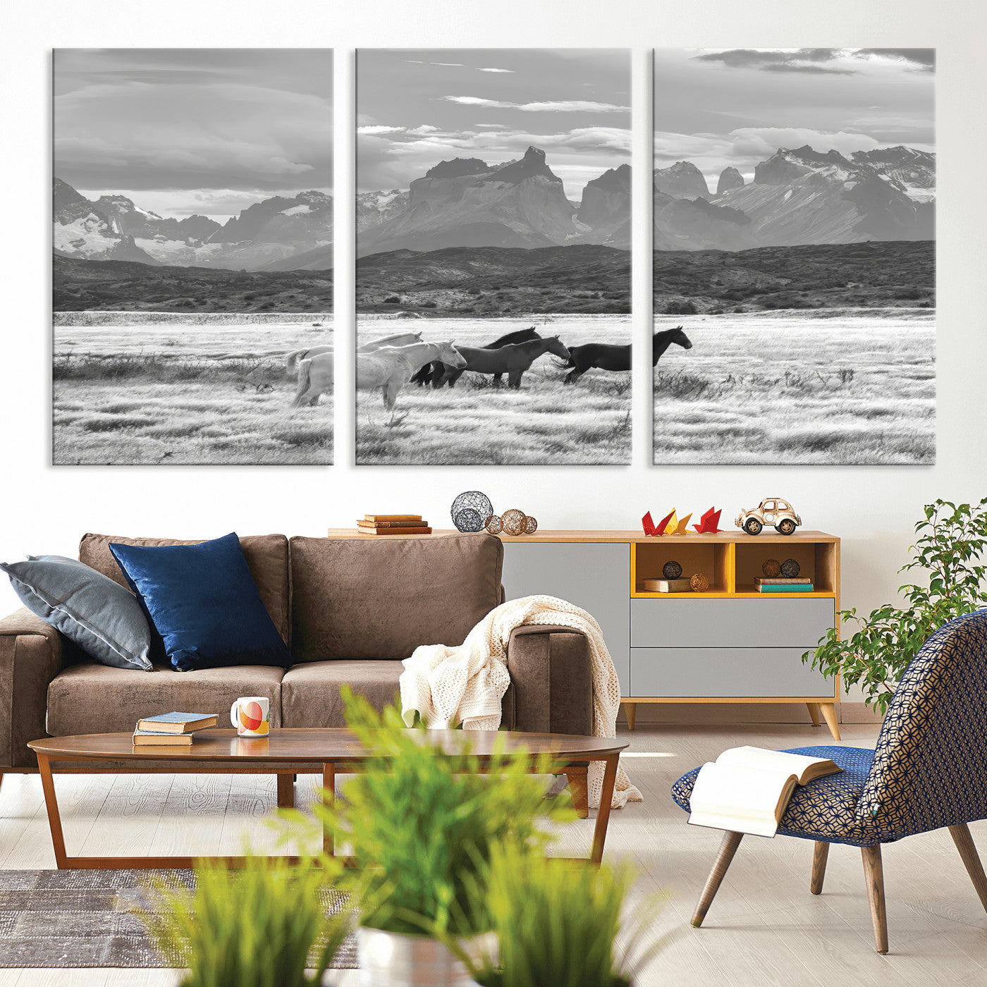 MGV-CV-60X30-3P - Wild Horses Wall Art Canvas Print, Framed Black White Mountains Art Picture Print, Rustic Countryside Perfect Rustic Western Decor Artwork