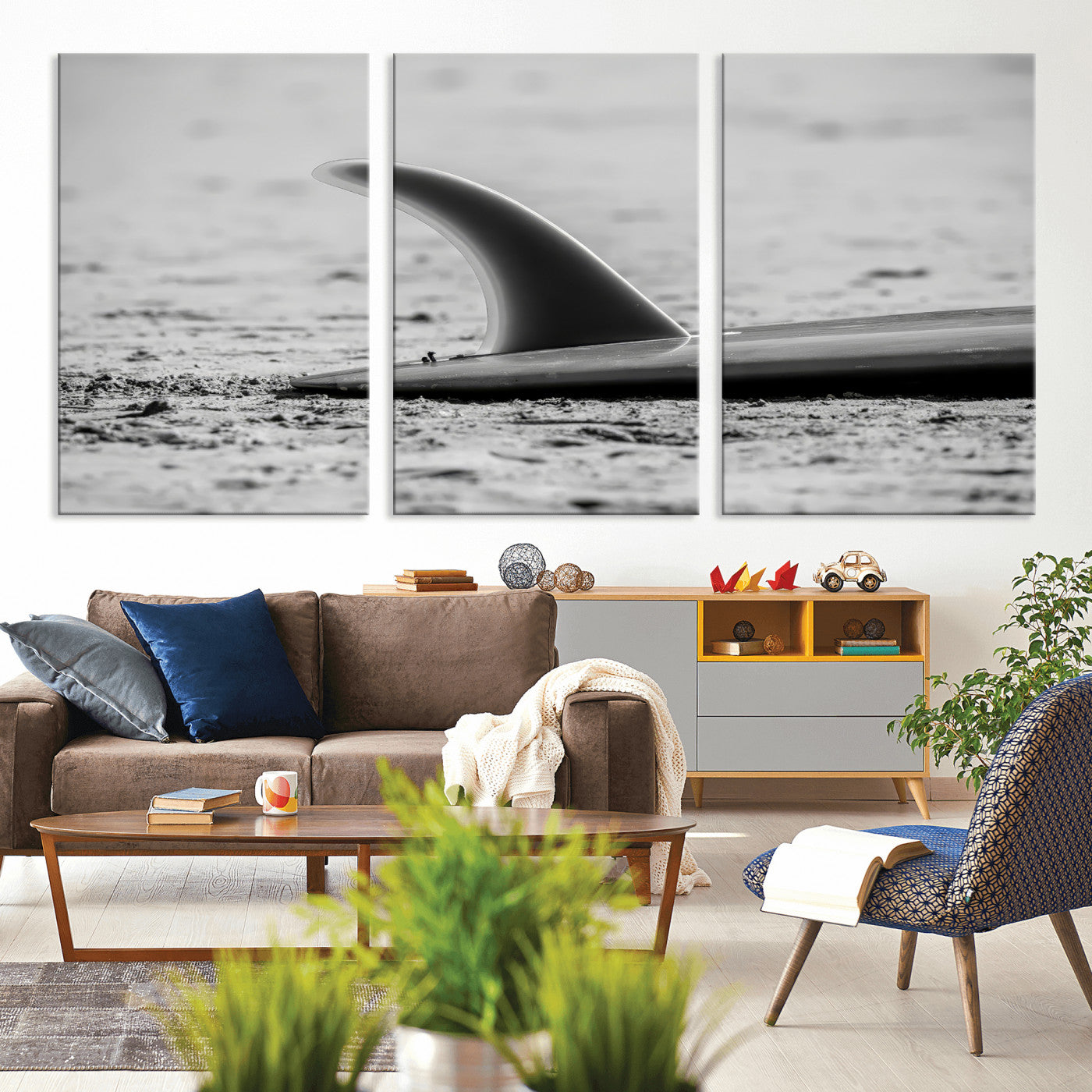 MGV-CV-60X30-3P - Black White Surfboard Wall Art Canvas Print, Framed Minimalist Beach Art Picture Print, Surf Fin Perfect Minimalist Coastal Decor Artwork