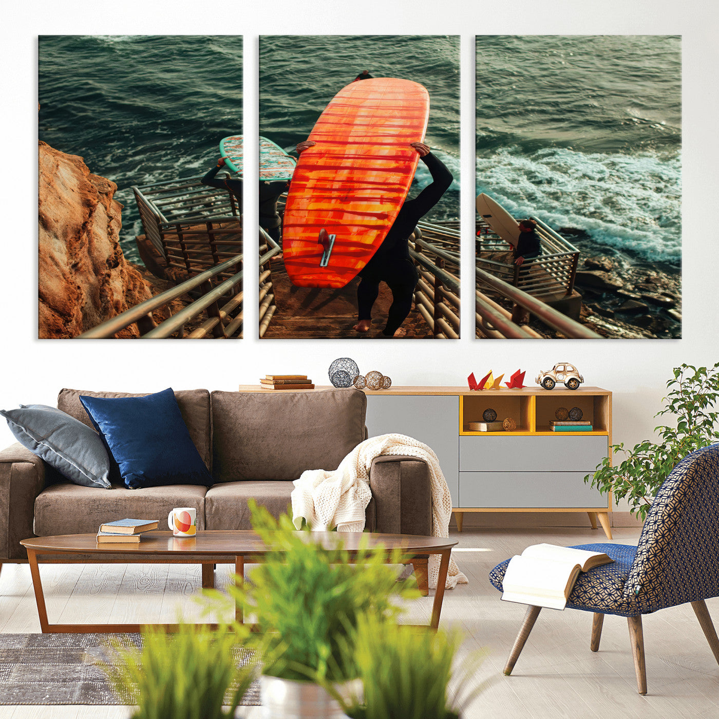 MGV-CV-60X30-3P - Surfer Stairway Wall Art Canvas Print, Framed Ocean Surf Art Picture Print, Sunset Coastal Perfect Coastal Adventure Decor Artwork