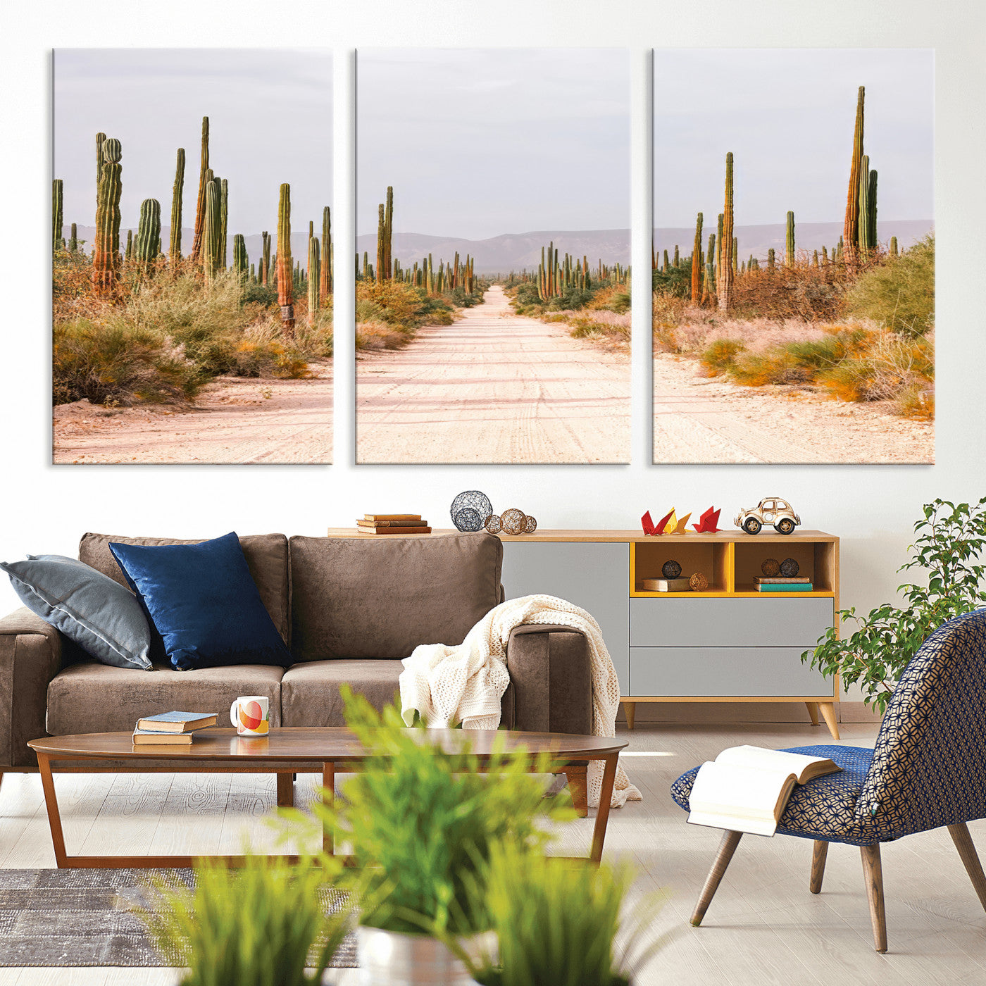 MGV-CV-60X30-3P - Desert Cactus Lined Road Wall Art Canvas Print, Framed Southwestern Landscape Art Picture Print, Bohemian Western Aesthetic Perfect Southwestern Boho Decor Artwork