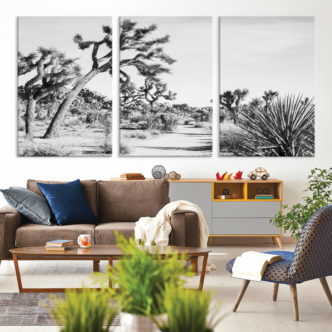 MGV-CV-60X30-3P - Joshua Tree Wall Art Canvas Print, Framed Desert Path Art Picture Print, Monochrome Desert Perfect Minimalist Desert Decor Artwork