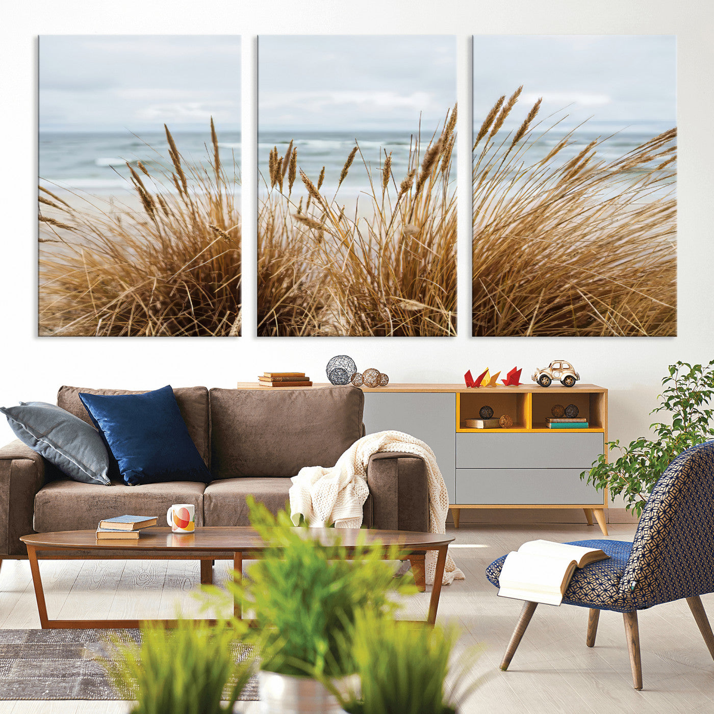 MGV-CV-60X30-3P - Beach Grass Wall Art Canvas Print, Framed Coastal Dunes Art Picture Print, Dune Grass Perfect Coastal Minimalist Decor Artwork