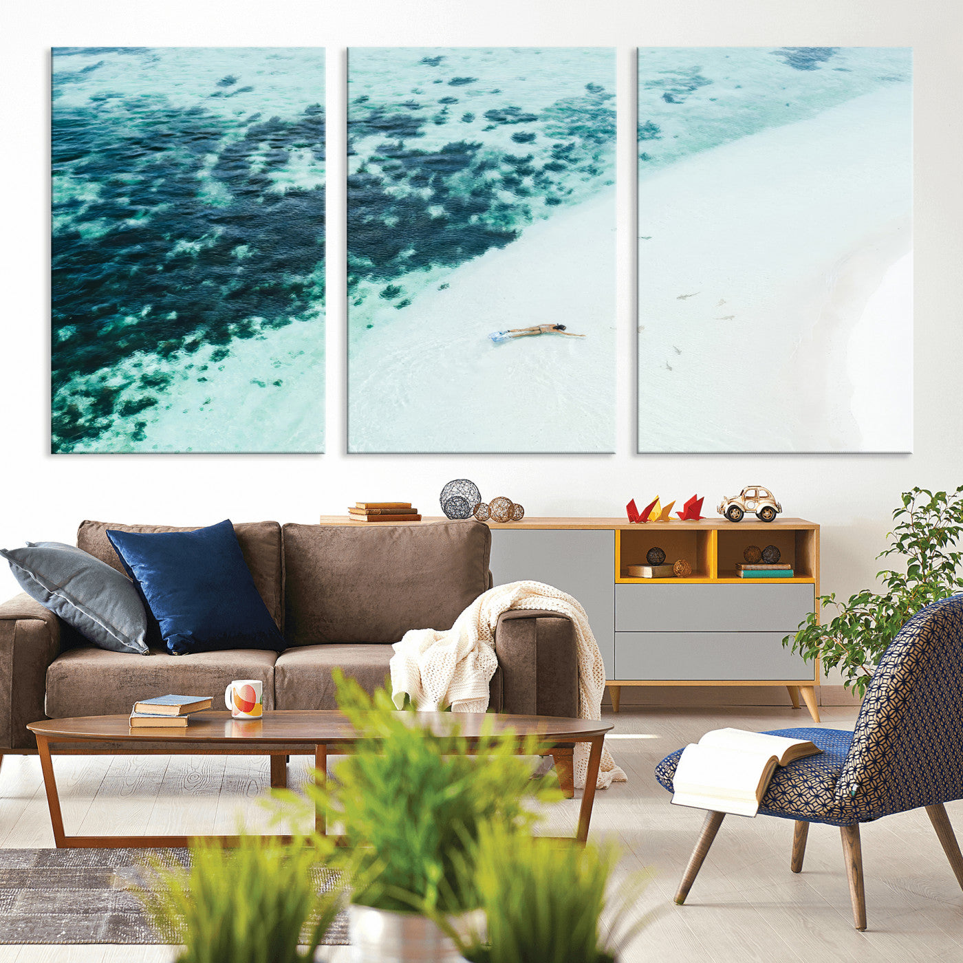 MGV-CV-60X30-3P - Minimal Beach Wall Art Canvas Print, Framed Ocean Swimming Art Picture Print, Clear Ocean Perfect Minimal Coastal Decor Artwork