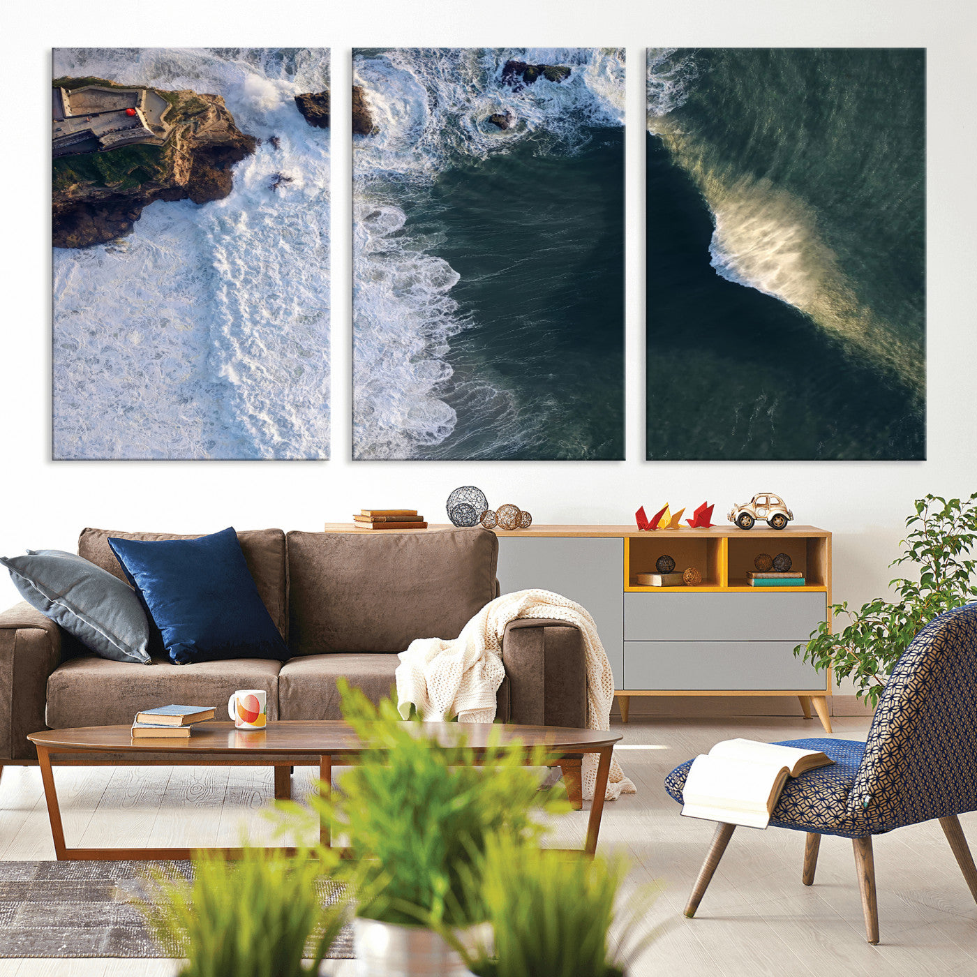 MGV-CV-60X30-3P - Nazaré Coast Wall Art Canvas Print, Framed Aerial Ocean Art Picture Print, Coastal Fortress Perfect Dramatic Coastal Decor Artwork
