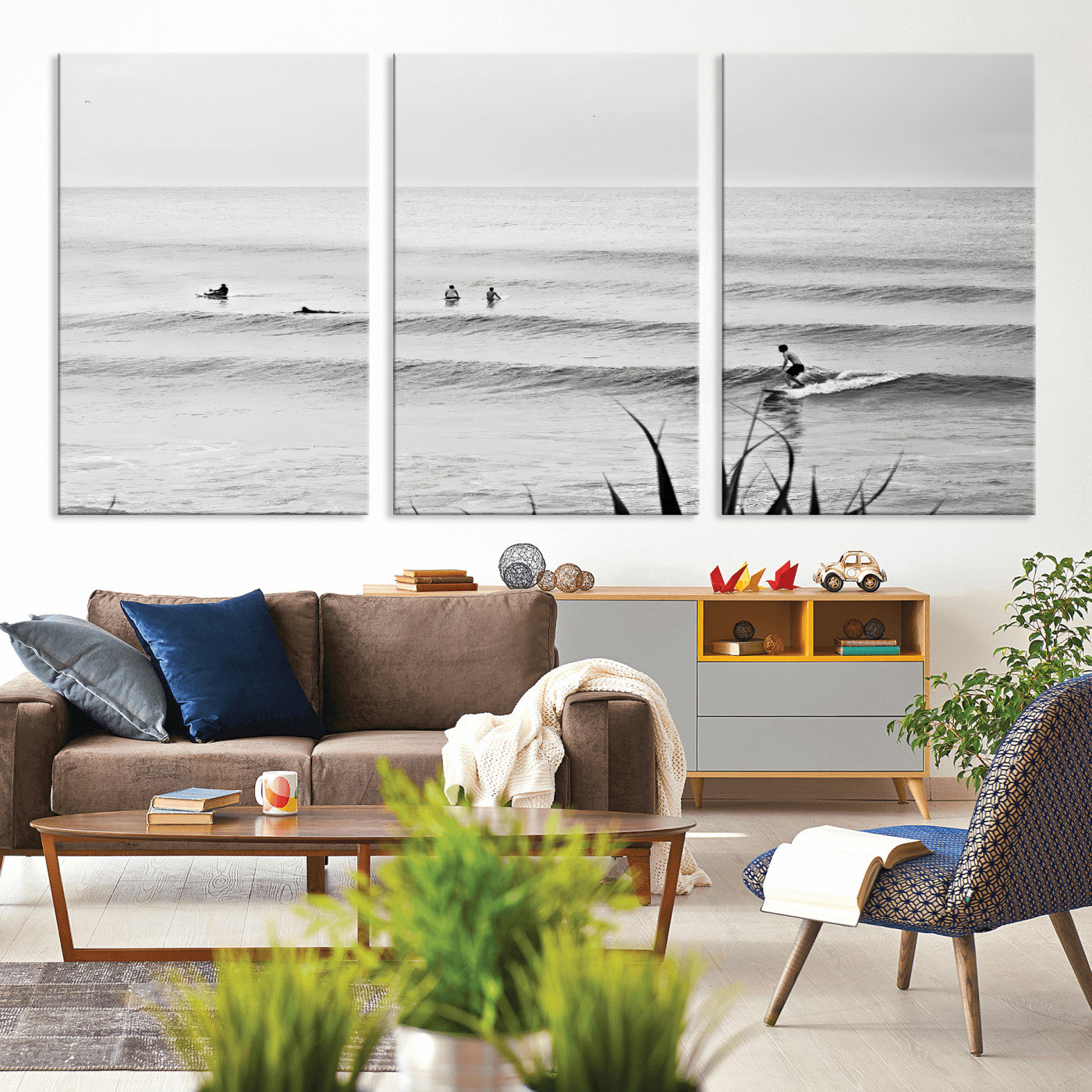 MGV-CV-60X30-3P - Surfer Silhouette Wall Art Canvas Print, Framed Calm Ocean Art Picture Print, Monochrome Surf Perfect Minimalist Coastal Decor Artwork