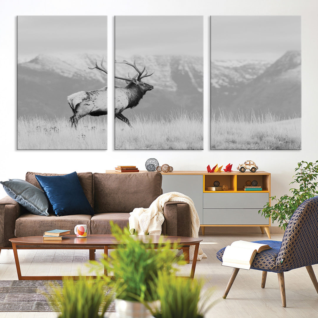 Rustic Elk Wall Art Canvas Print, Wildlife Antler Print, Framed Western Hunting Lodge Art Print, Large Mountain Nature Scene Printing Perfect for Japanese Decor