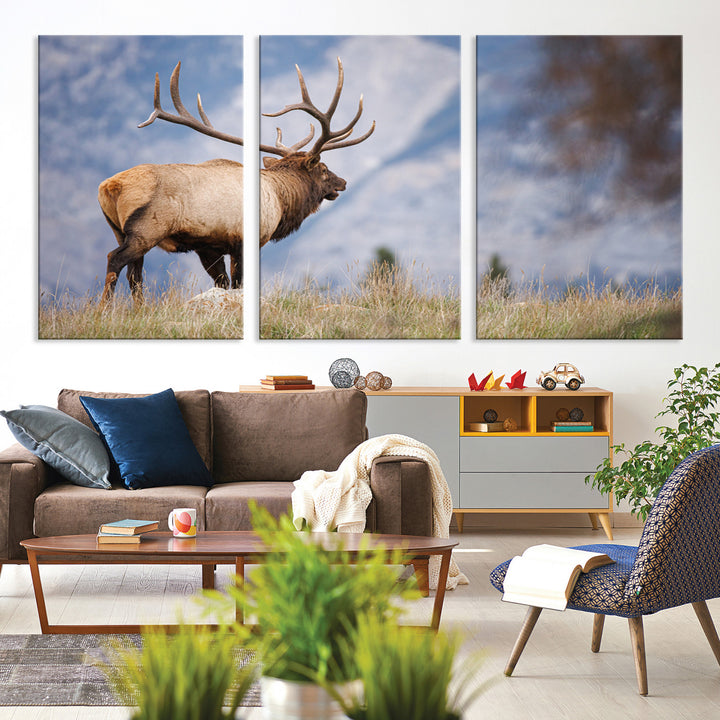 Rustic Elk Wall Art Canvas Print, Wildlife Antler Print, Framed Western Hunting Lodge Art Print