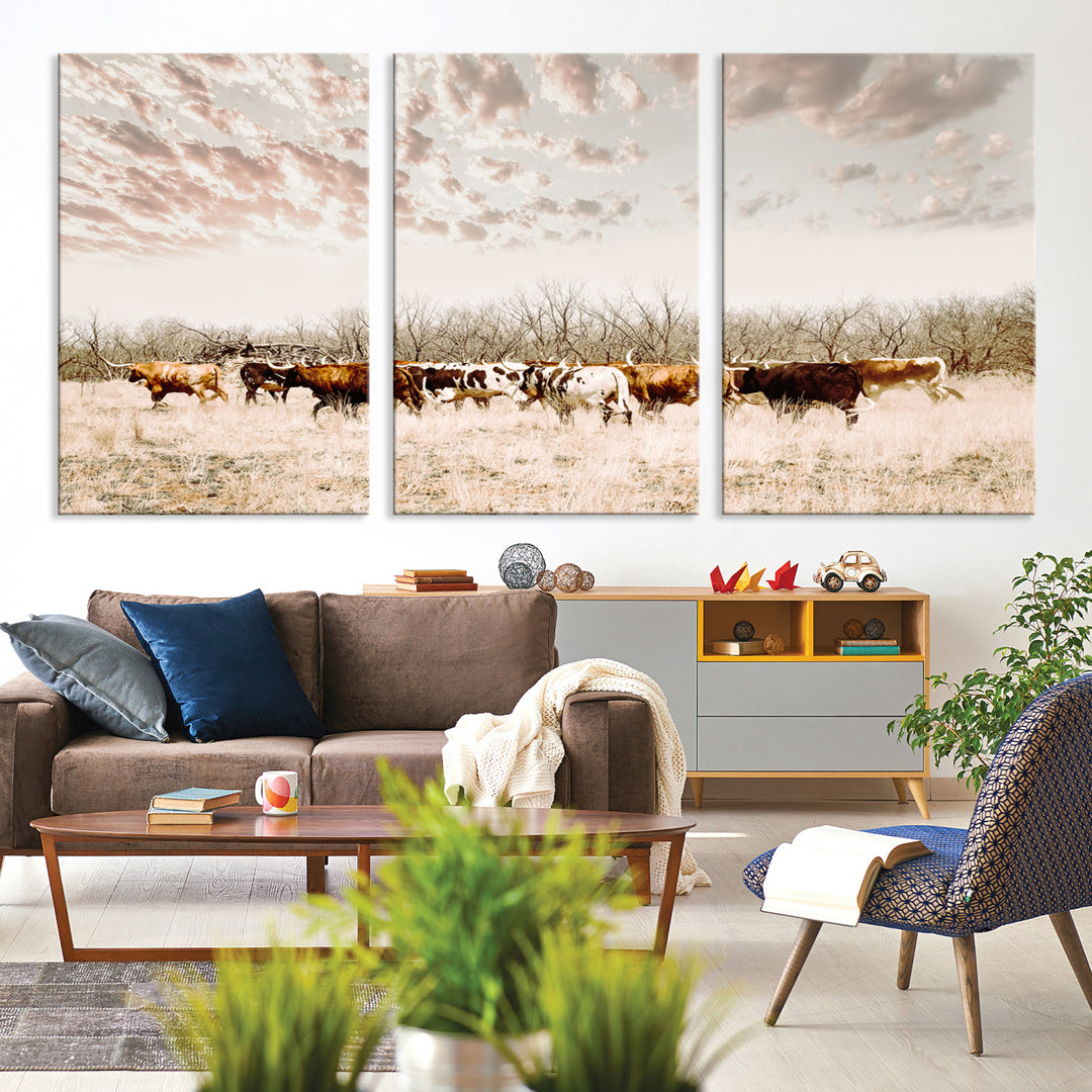 Longhorn Cattle Wall Art Canvas Print, Texas Ranch Print, Framed Western Cow Art Print, Large Prairie Landscape Printing Perfect for Western Decor