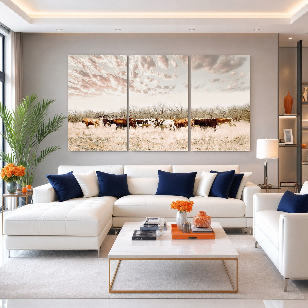 64892775-MGV-CV-24X16 - Longhorn Cattle Wall Art Canvas Print, Framed Texas Ranch Art, Western Cow Print, Prairie Landscape Decor