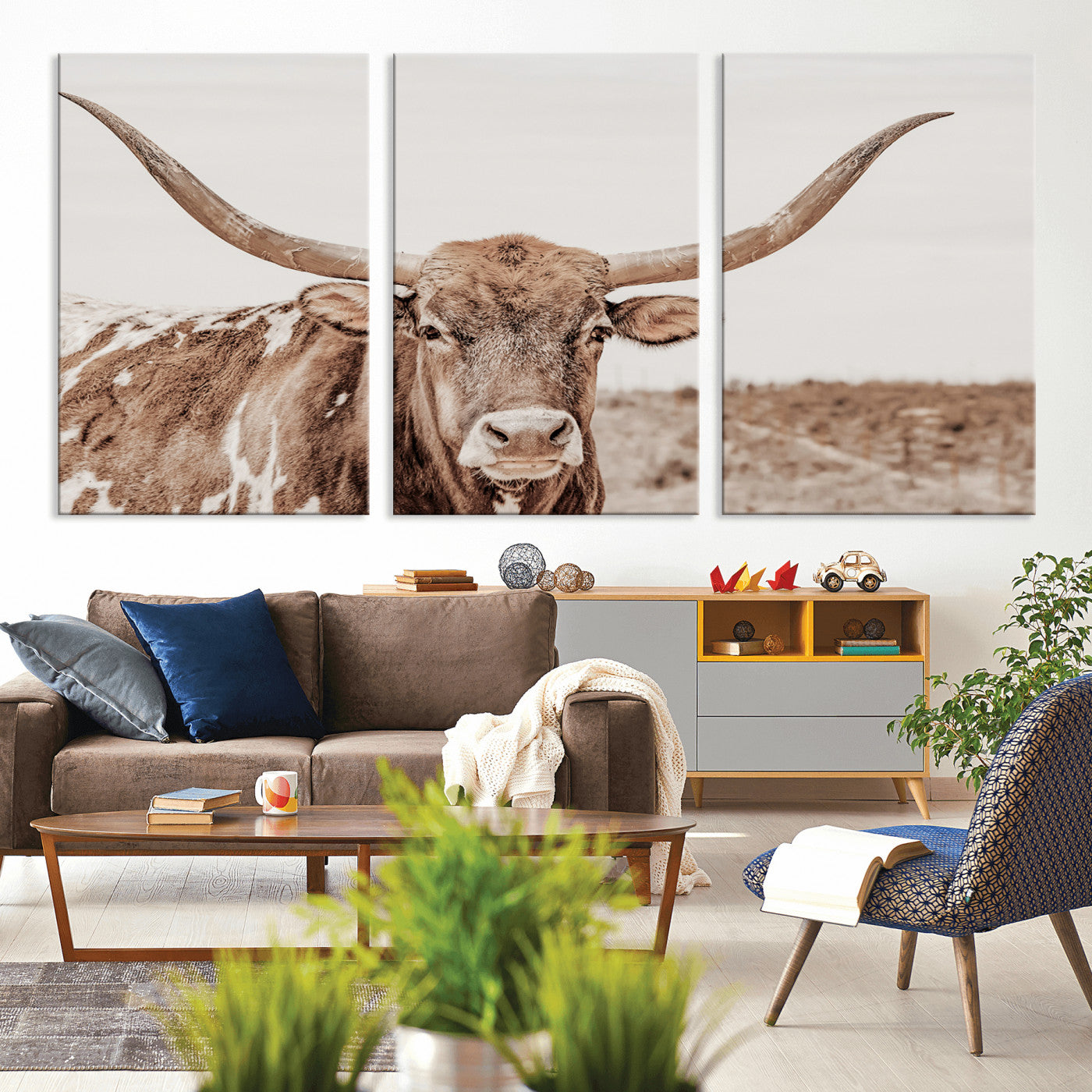 MGV-CV-60X30-3P - Longhorn Cow Wall Art Canvas Print, Framed Texas Ranch Art Picture Print, Western Bull Perfect County Decor Artwork