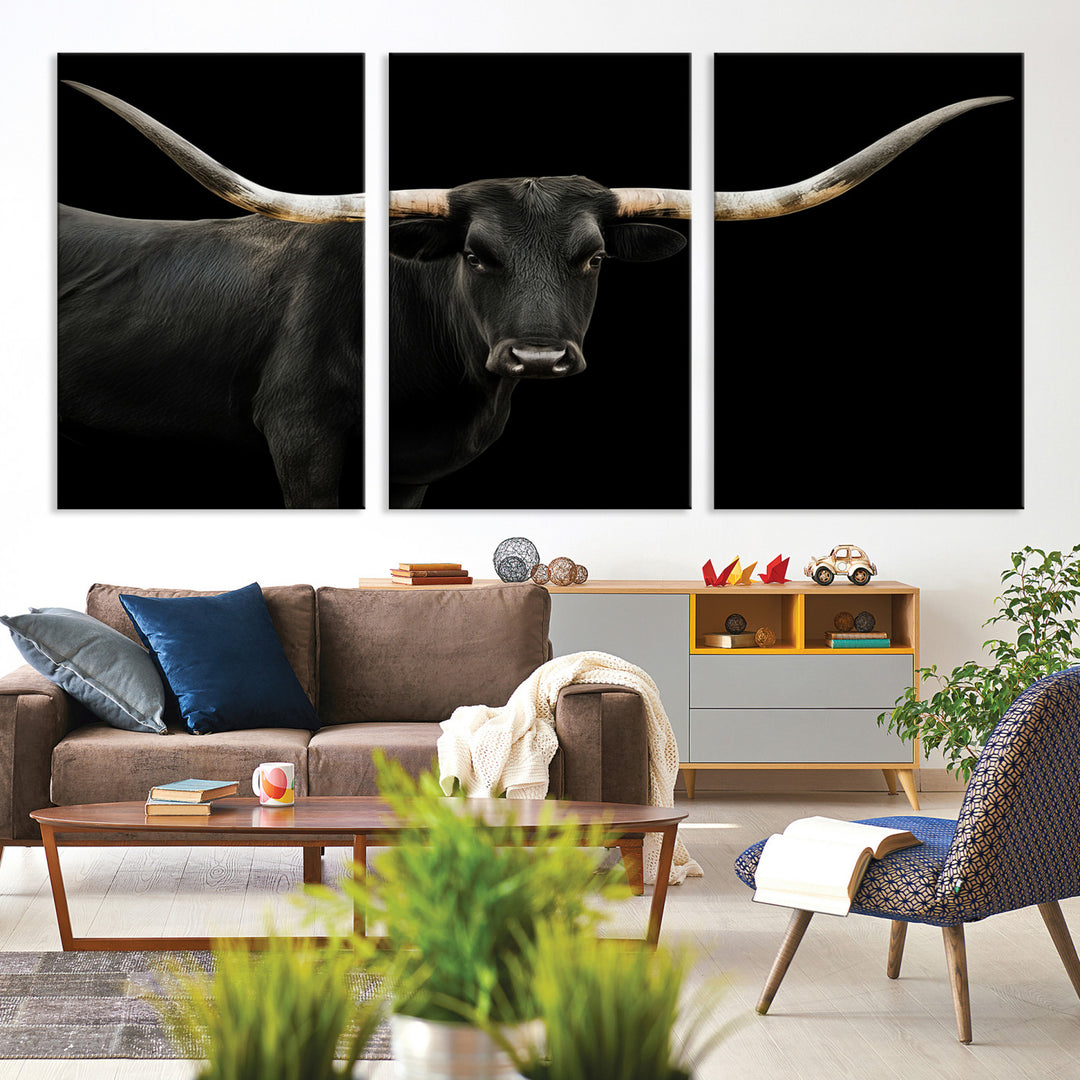 Black White Longhorn Bull Wall Art Canvas Print, Texas Ranch Print, Framed Western Cow Art Print for Farmhouse Decor - Longhorn Print