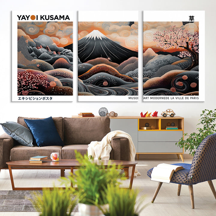 Modern Japanese Wall Art Print, Yayoi Kusama Canvas Wall Art, Abstract Mount Fuji Canvas Print Japanese Landscape Art Printing