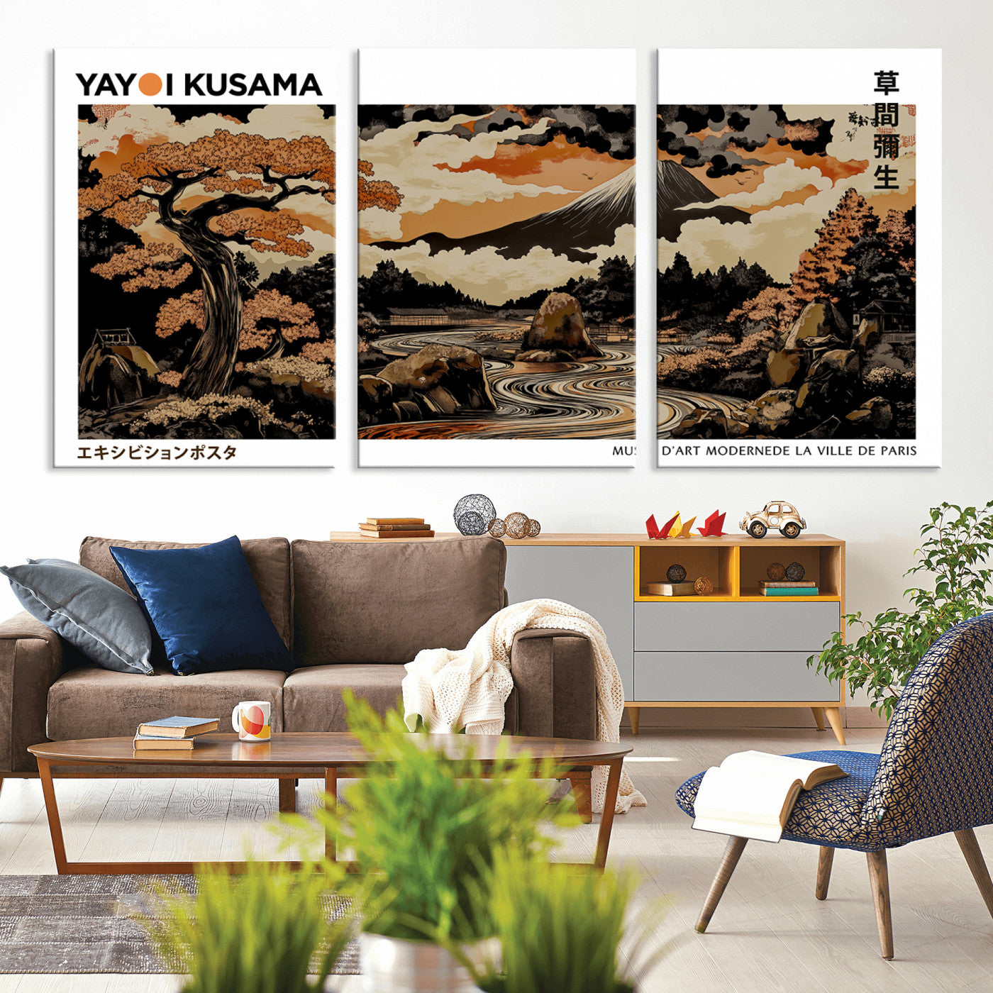 MGV-CV-60X30-3P - Modern Japanese Wall Art Print Yayoi Kusama Canvas Wall Art Abstract Mount Fuji Canvas Print