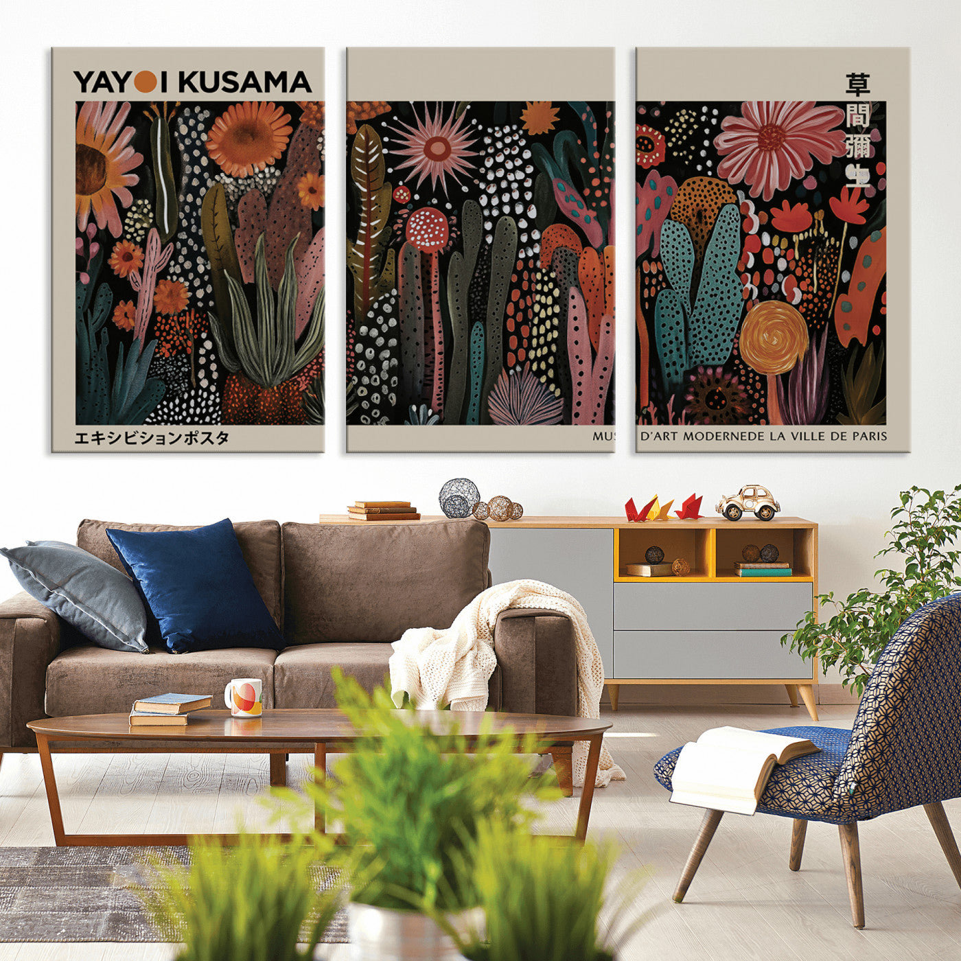 MGV-CV-60X30-3P - Modern Japanese Wall Art Print Yayoi Kusama Canvas Wall Art Abstract Mount Fuji Canvas Print
