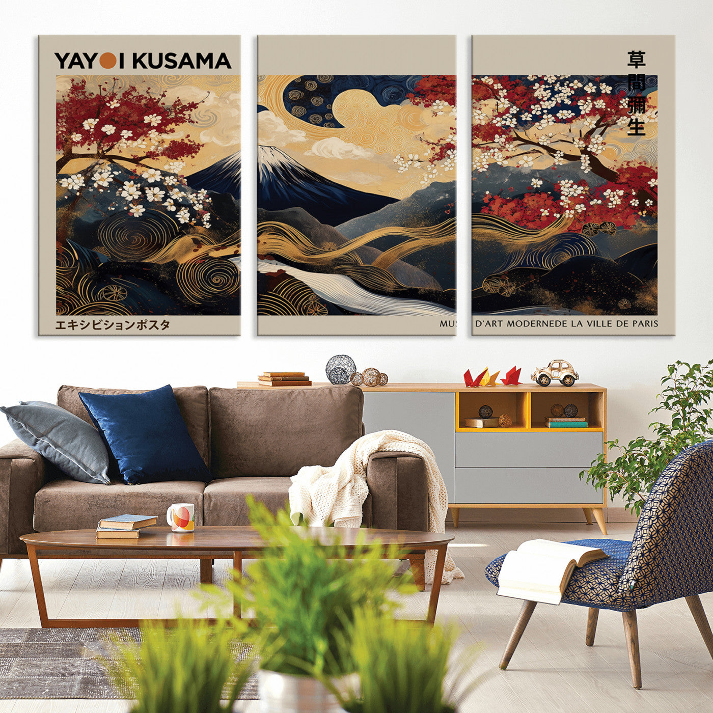 MGV-CV-60X30-3P - Modern Japanese Wall Art, Yayoi Kusama Japanese Print Wall Art, Abstract Mount Fuji Canvas Print,