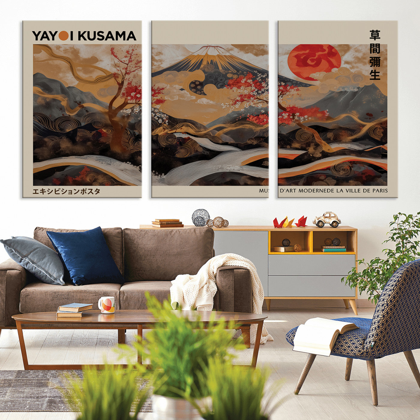 MGV-CV-60X30-3P - Modern Japanese Wall Art Print Yayoi Kusama Canvas Wall Art Abstract Mount Fuji Canvas Print