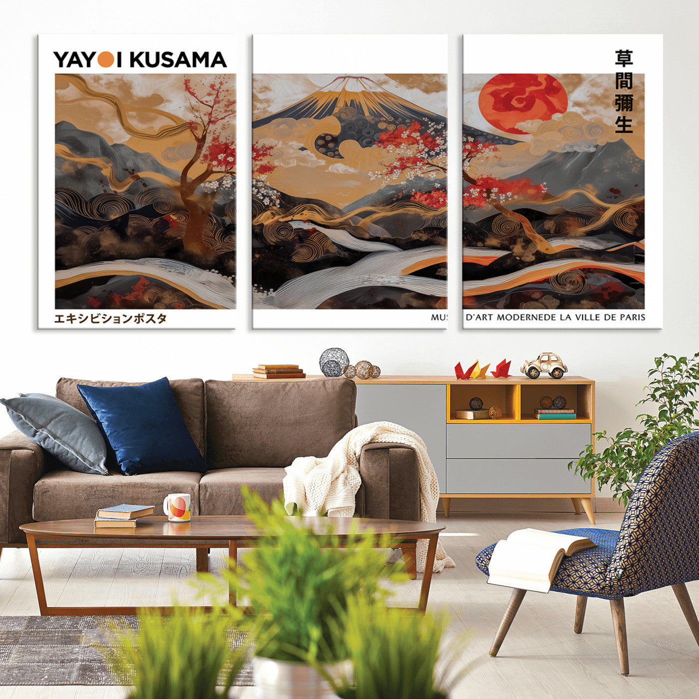 MGV-CV-60X30-3P - Mount Fuji Wall Art Print, Yayoi Kusama Canvas Wall Art, Abstract Mount Fuji Canvas Print, Japanese