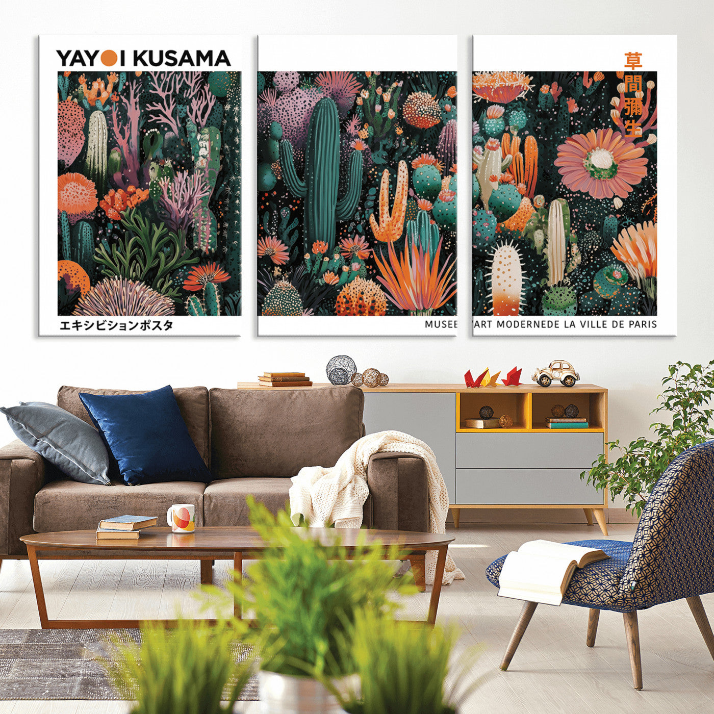 MGV-CV-60X30-3P - Modern Japanese Wall Art Print, Yayoi Kusama Print Wall Decor, Abstract Mount Fuji Canvas Print,