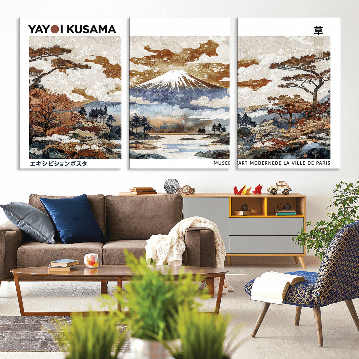 MGV-CV-60X30-3P - Modern Japanese Wall Art Print Yayoi Kusama Canvas Wall Art Abstract Mount Fuji Canvas Print