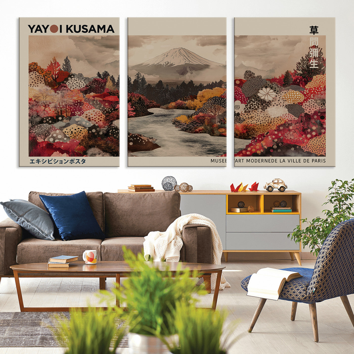 MGV-CV-60X30-3P - Modern Japanese Wall Art Print Yayoi Kusama Canvas Wall Art Abstract Mount Fuji Canvas Print
