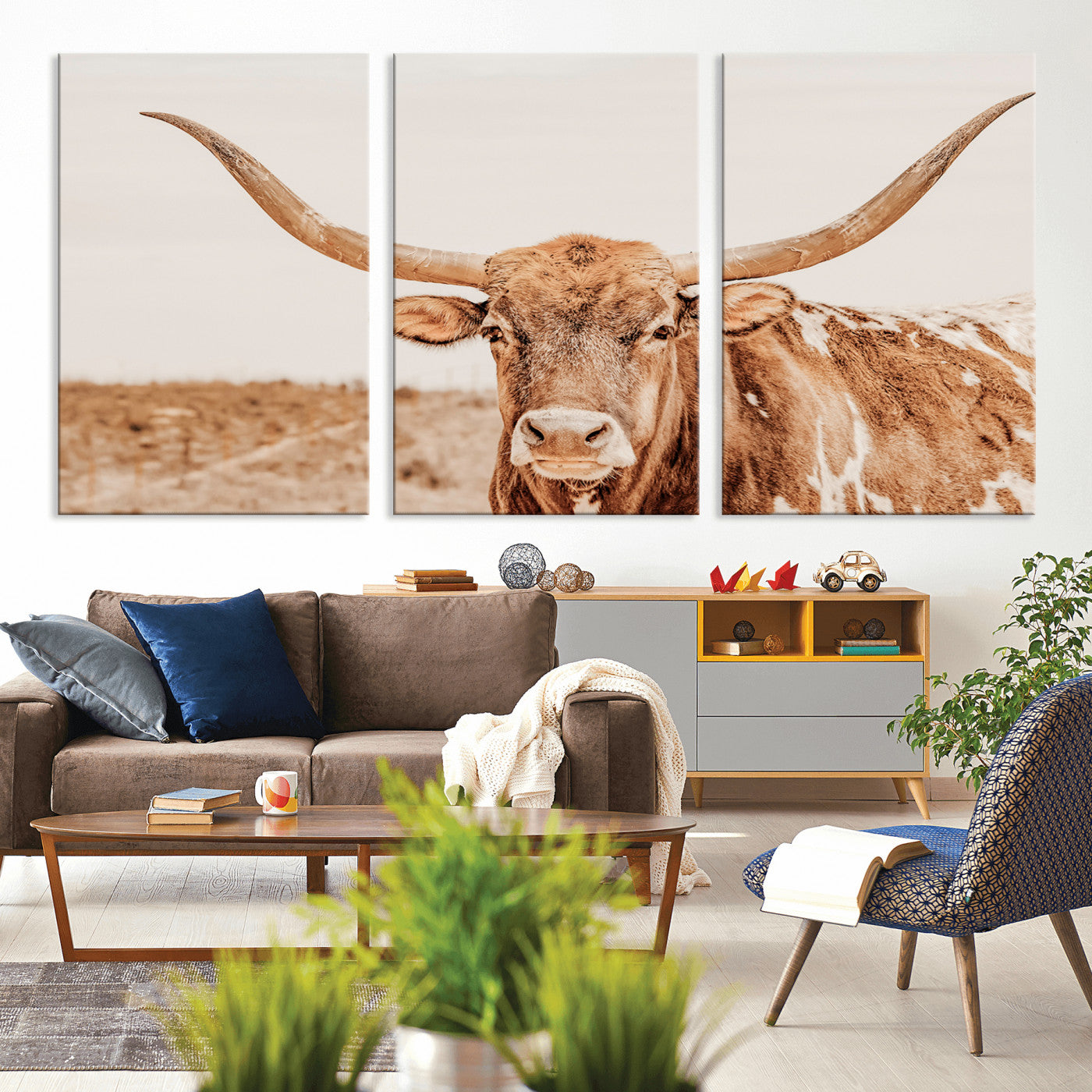 MGV-CV-60X30-3P - Longhorn Bull Wall Art Canvas Print, Framed Western Cow Art Picture Print, Rustic Farmhouse Perfect Neutral Farmhouse Decor Artwork