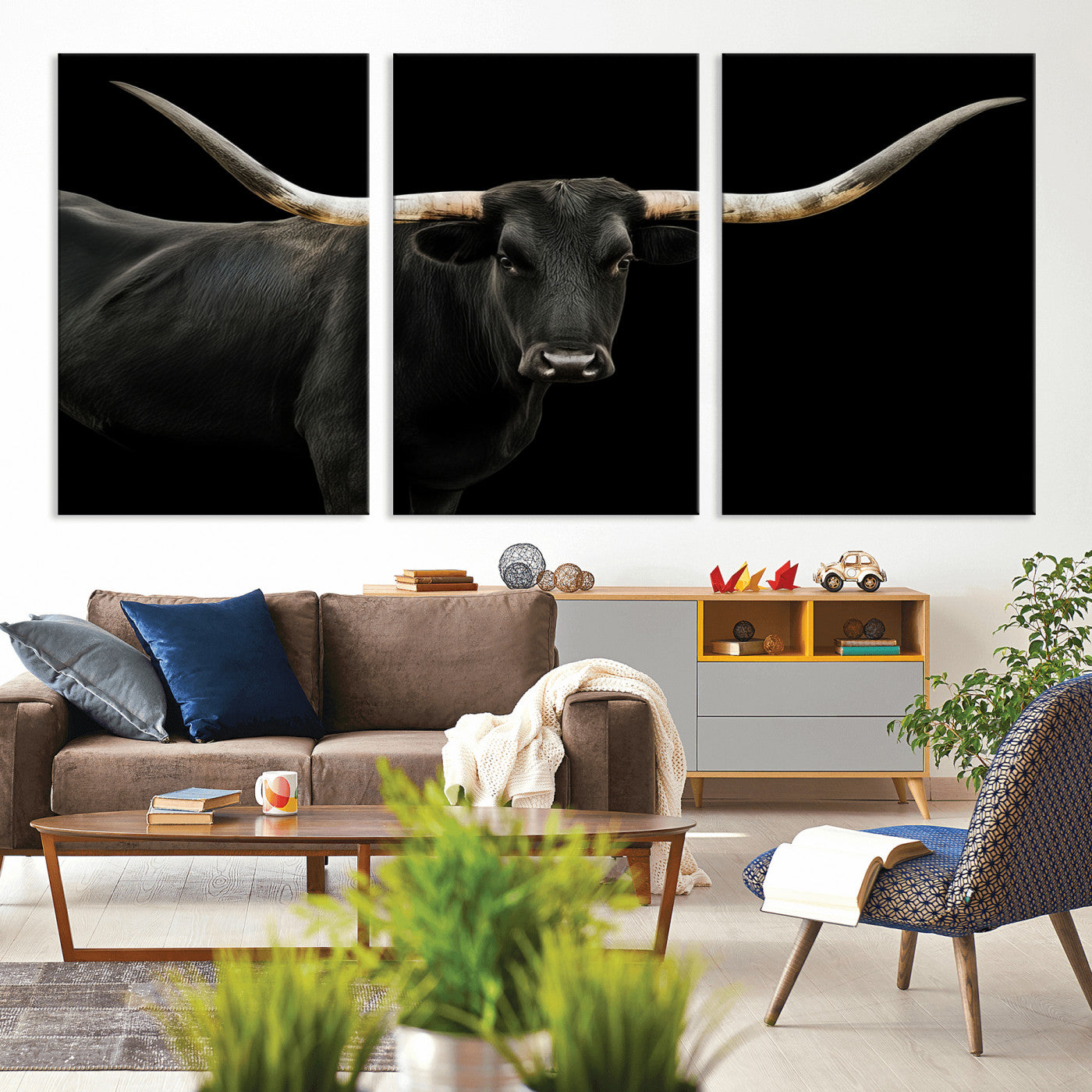 MGV-CV-60X30-3P - Texas Longhorn Wall Art Canvas Print, Framed Rustic Western Art Picture Print, Farmhouse Animal Perfect Modern Western Minimalist Decor Artwork