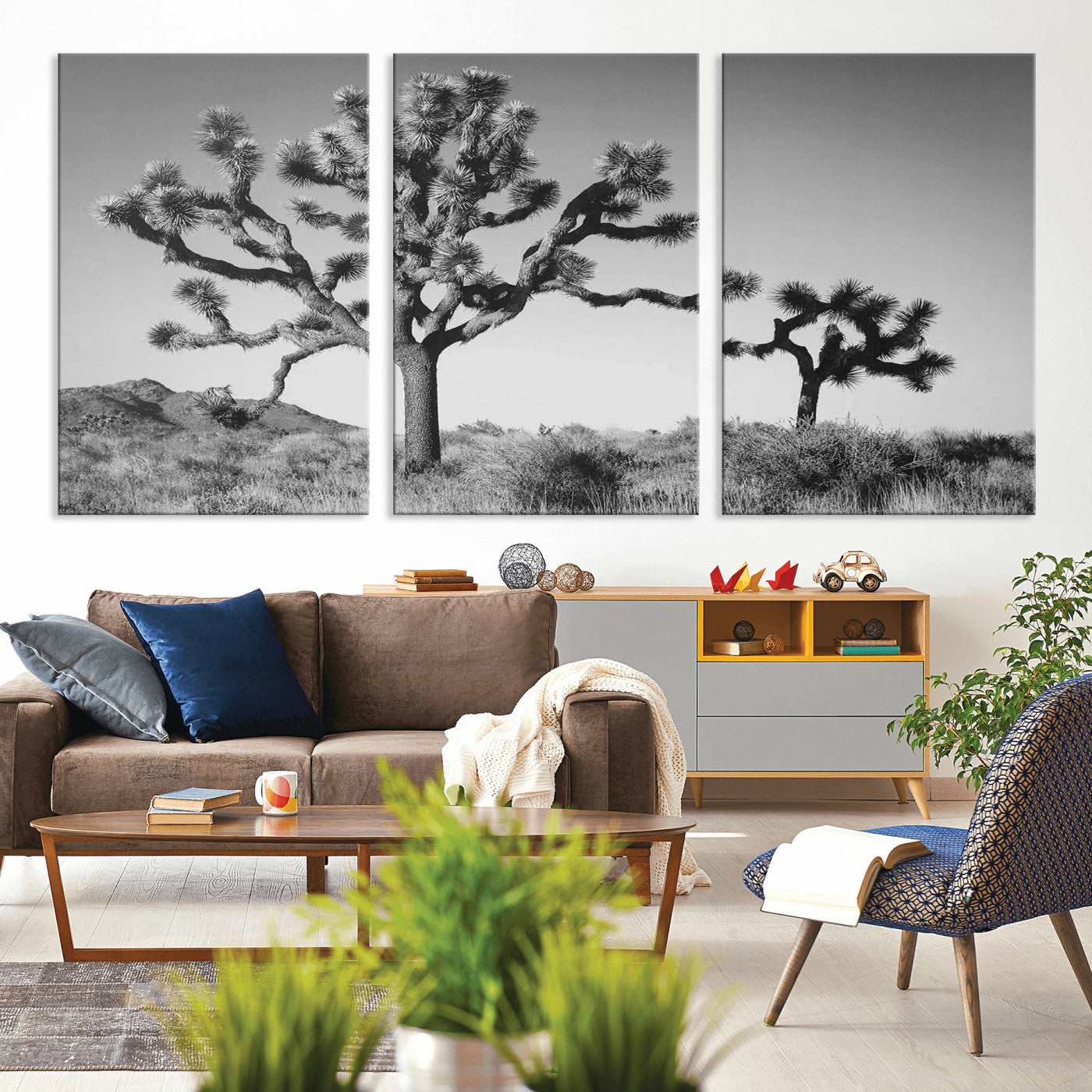 MGV-CV-60X30-3P - Joshua Tree Wall Art Canvas Print, Framed Monochrome Desert Art Picture Print, Minimalist Nature Scene Perfect Southwestern Minimalist Decor Artwork
