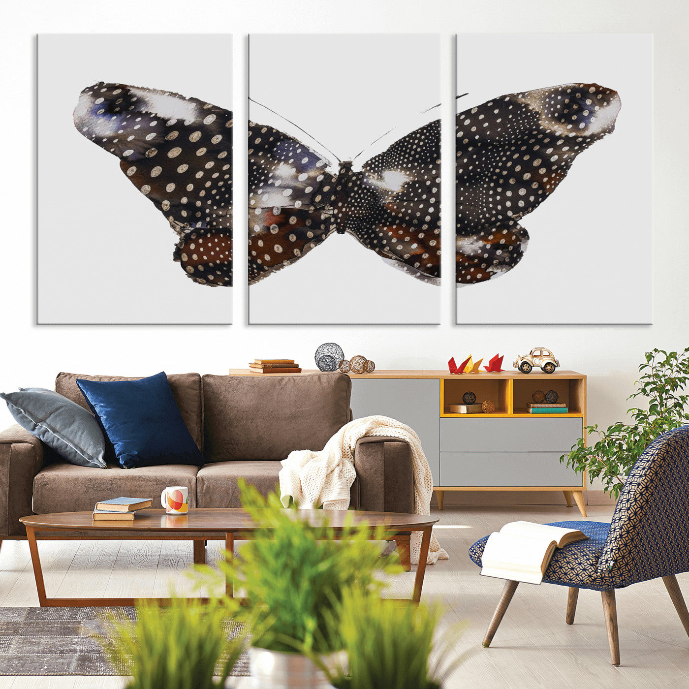 MGV-CV-60X30-3P - Spotted Butterfly Wall Art Canvas Print, Framed Neutral Insect Theme Art Picture Print, Earthy Wing Pattern Perfect Modern Rustic Decor Artwork