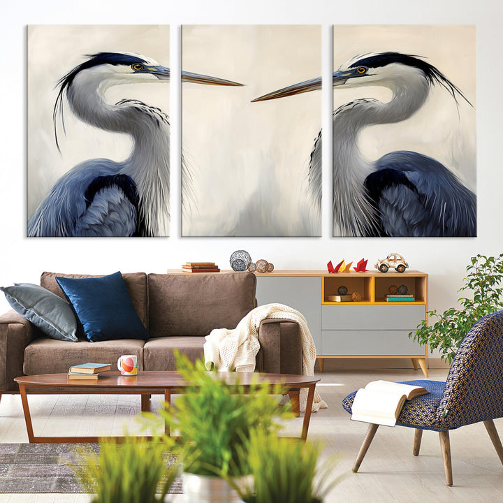 Blue Heron Pair Wall Art Canvas Print, Coastal Bird Theme Print, Framed Tranquil Wildlife Scene Art Print, Large Nature Inspired Decor Printing