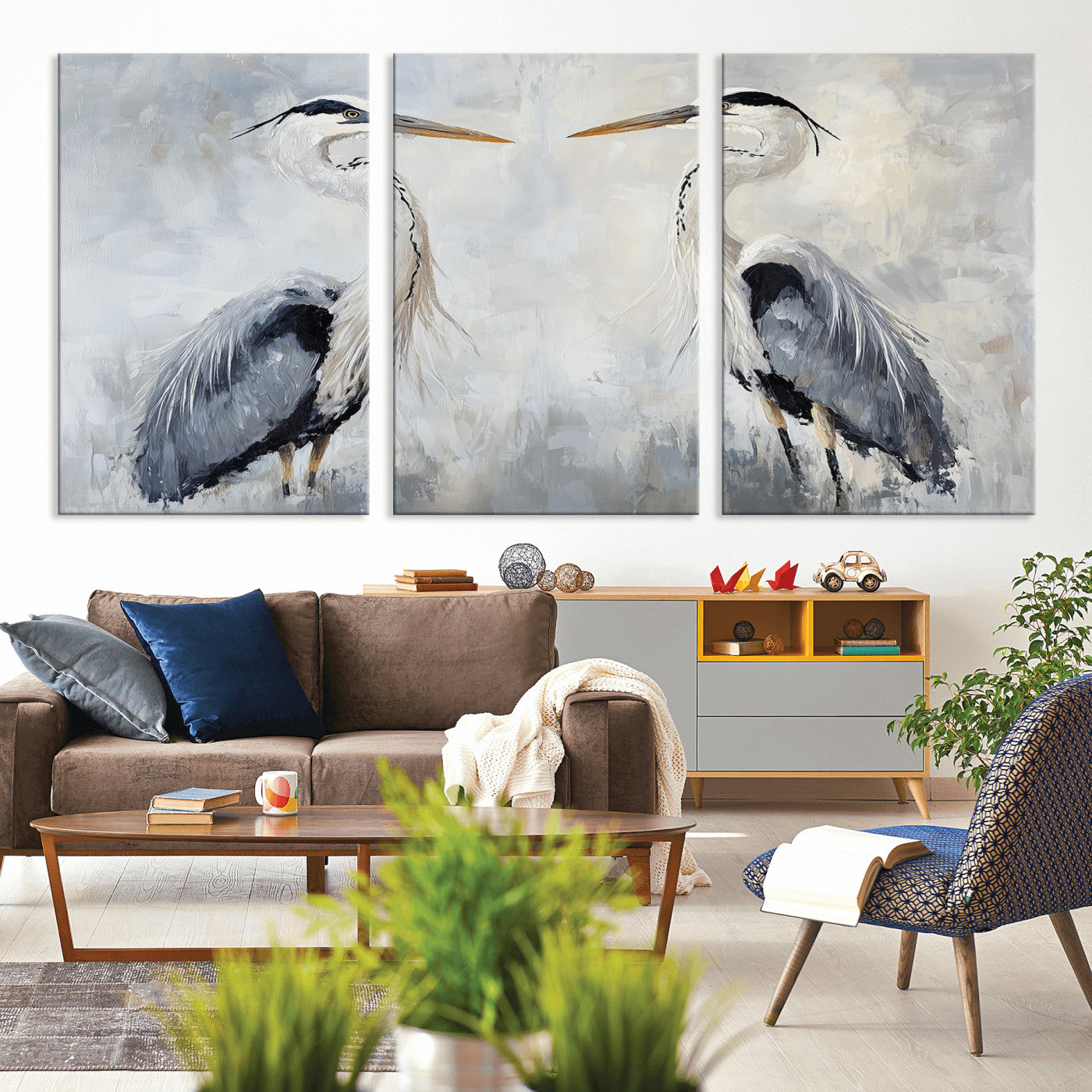 MGV-CV-60X30-3P - Heron Wall Art Wall Art Canvas Print, Framed Bird Canvas Decor Art Picture Print, Nature Inspired Perfect Coastal Minimalist Decor Artwork