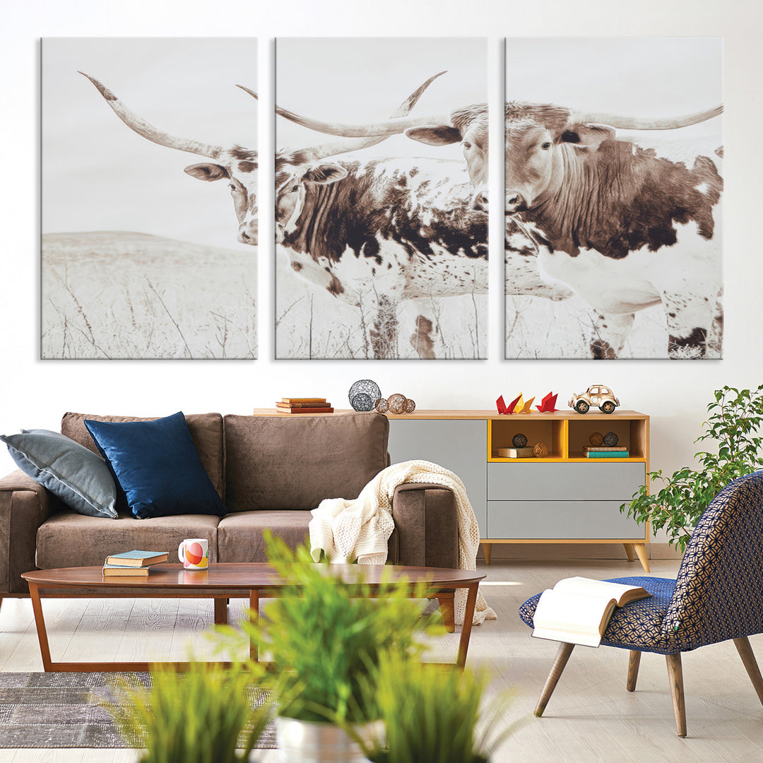 Longhorn Wall Art Wall Art Canvas Print, Western Cow Canvas Print, Framed Rustic Farm Decor Art Print, Large Neutral Animal Scene Printing