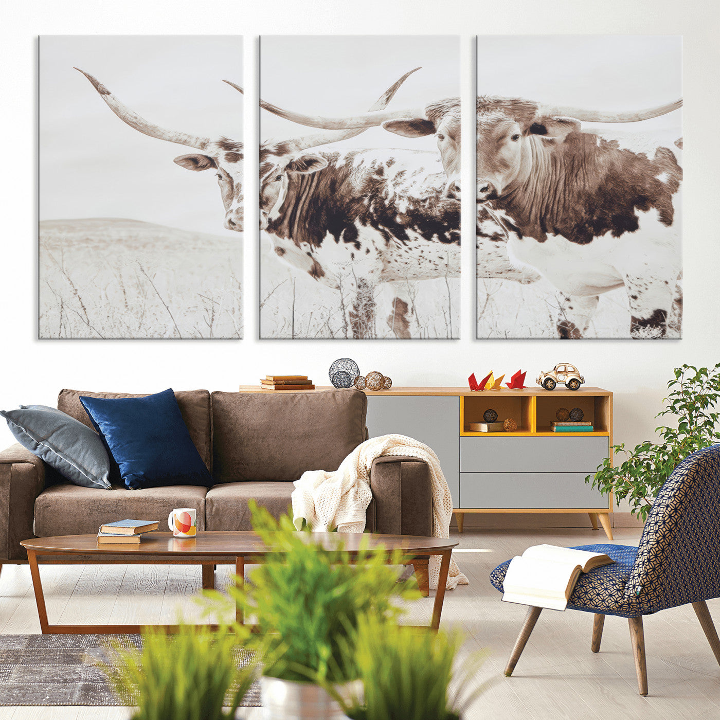 MGV-CV-60X30-3P - Longhorn Wall Art Wall Art Canvas Print, Framed Western Cow Canvas Art Picture Print, Rustic Farm Decor Perfect Rustic Farmhouse Decor Artwork