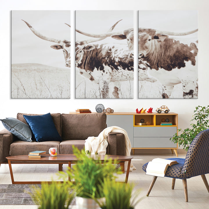 Longhorn Wall Art Wall Art Canvas Print, Western Cow Canvas Print, Framed Rustic Farm Decor Art Print, Large Neutral Animal Scene Printing