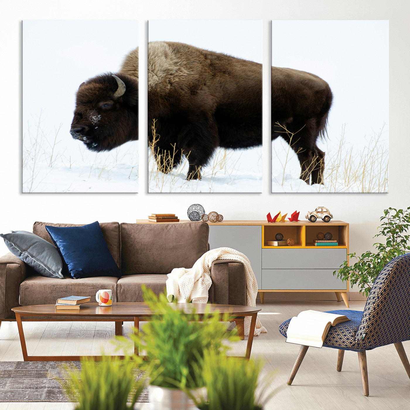 MGV-CV-60X30-3P - Bison Photography Wall Art Canvas Print, Framed Western Wildlife Art Picture Print, Buffalo On Snow Perfect Western Decor Artwork