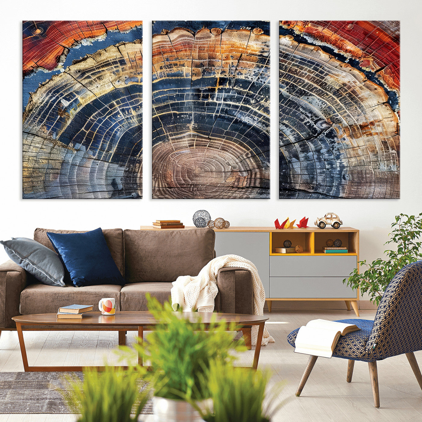 60292921-MGV-CV-60X30-3P - Vintage Tree Rings Wall Art Canvas Print – Framed Wood Art Picture Petrified Wood Artwork for Home, Office, Living Room