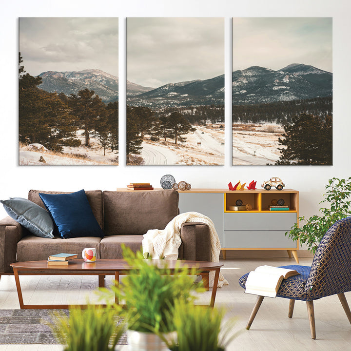 Mountain Landscape Wall Art Canvas Print, Framed Snowy Peaks Art Picture Print, Alpine Aesthetic Perfect Rustic Winter Decor Artwork
