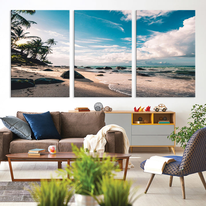 Tropical Beach Wall Art Canvas Print, Framed Ocean Waves Art Picture Print, Relaxing Seascape Perfect Tropical Coastal Decor Artwork