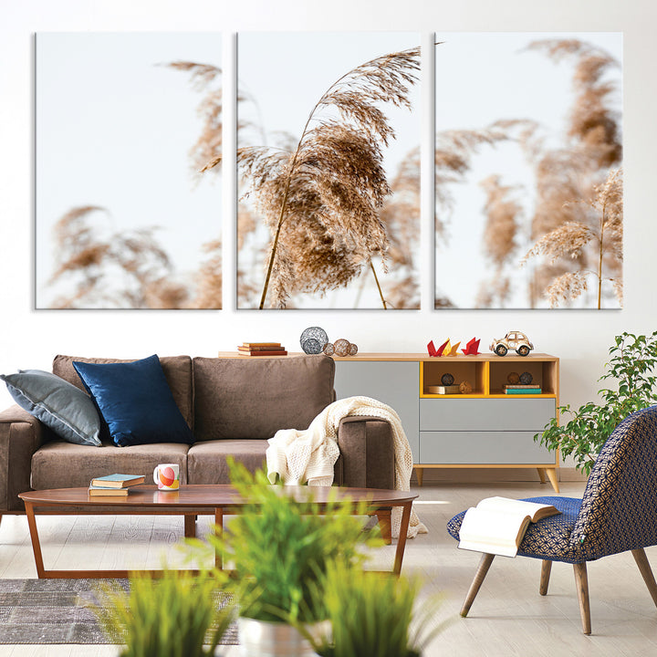 Pampas Grass Wall Art Canvas Print, Framed Neutral Tones Art Picture Print, Minimalist Nature Perfect Boho Decor Artwork