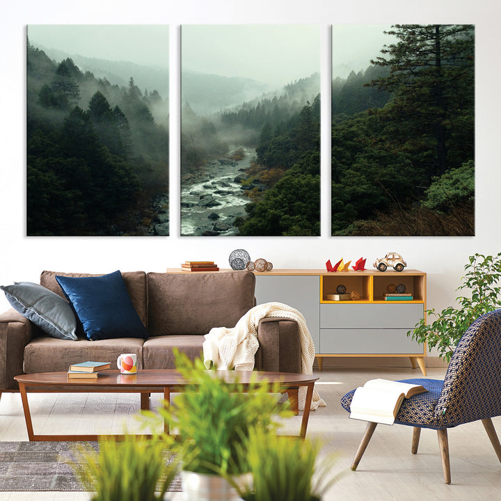 Misty Forest Wall Art Canvas Print, Framed Foggy River Art Picture Print, Moody Landscape Perfect Wilderness Decor Artwork