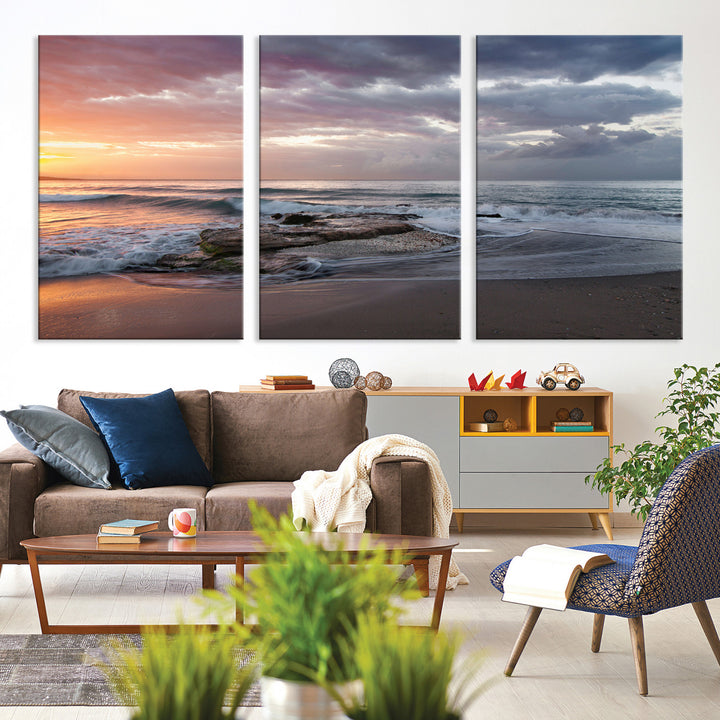 Golden Hour Wall Art Canvas Print, Framed Tranquil Waves Art Picture Print, Beach Perfect Coastal Serenity Decor Artwork