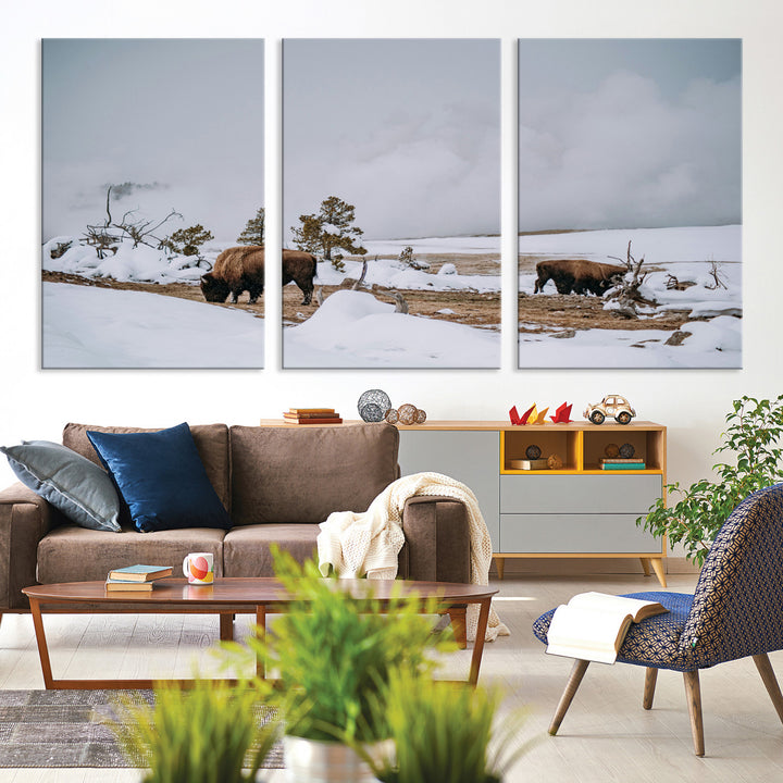 Bison Wildlife Wall Art Canvas Print, Framed Snowy Prairie Art Picture Print, Western Perfect Rustic Decor Artwork
