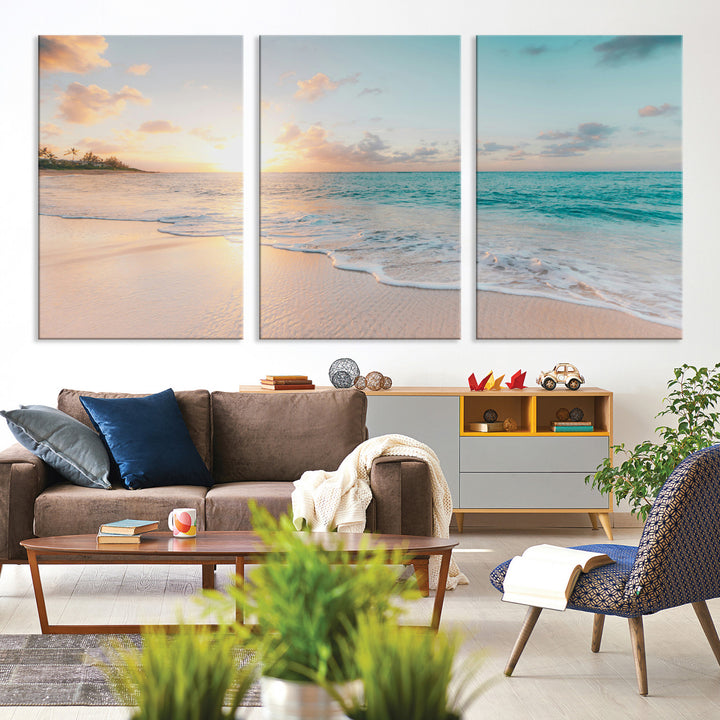 Beach Sunset Wall Art Canvas Print, Framed Ocean Waves Art Picture Print, Summer Escape Perfect Coastal Decor Artwork