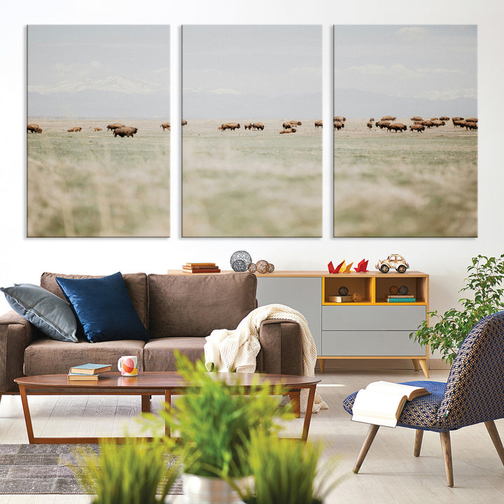 Bison Herd Wall Art Canvas Print, Framed Western Art Picture Print, Bison Perfect Ranch Decor Artwork