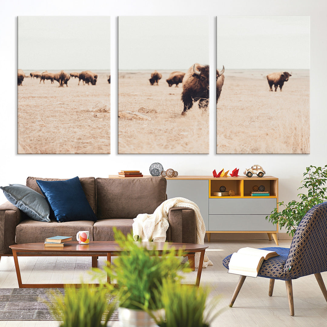 Bison Herd Wall Art Canvas Print, Framed Western Art Picture Print, Prairie Serenity Perfect Ranch Decor Artwork