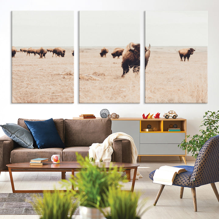 Bison Herd Wall Art Canvas Print, Framed Western Art Picture Print, Prairie Serenity Perfect Ranch Decor Artwork