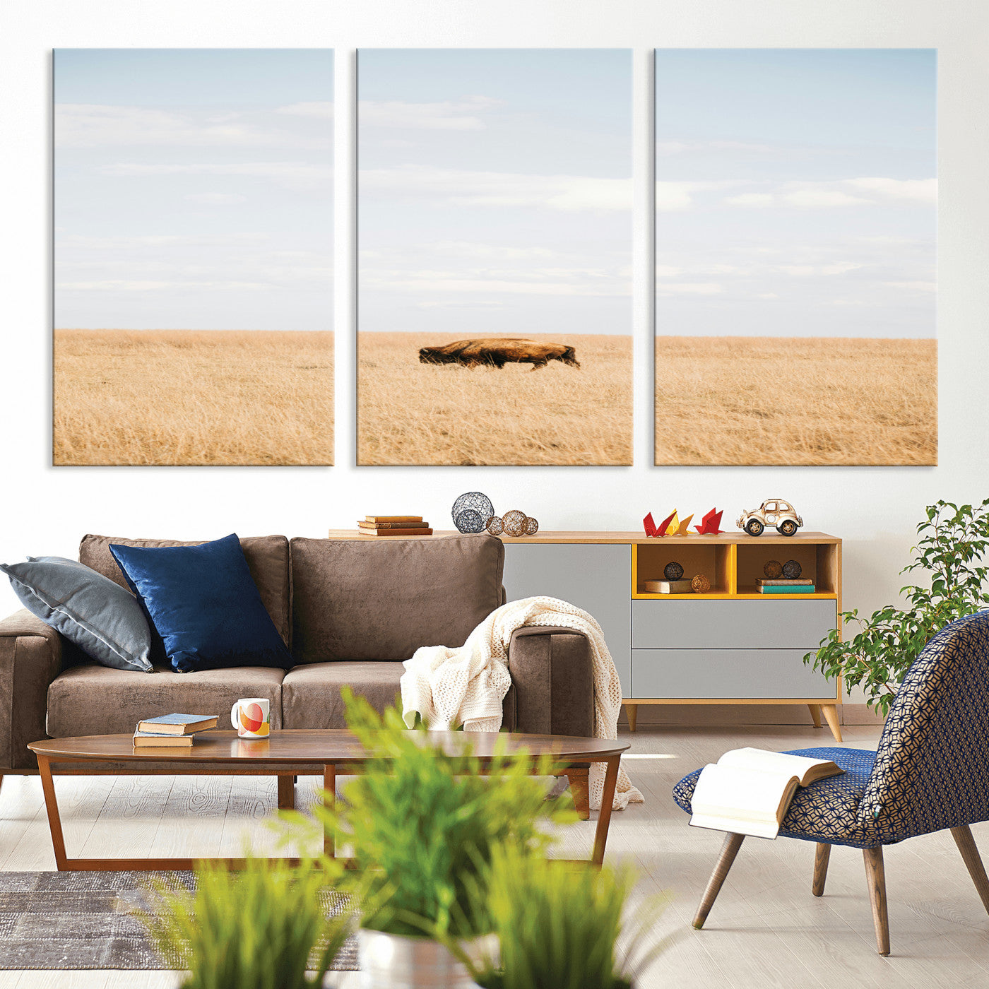 MGV-CV-60X30-3P - Minimalist Nature Wall Art Canvas Print, Framed Bison In Grassland Art Picture Print, Open Field Perfect Modern Ranch Decor Decor Artwork